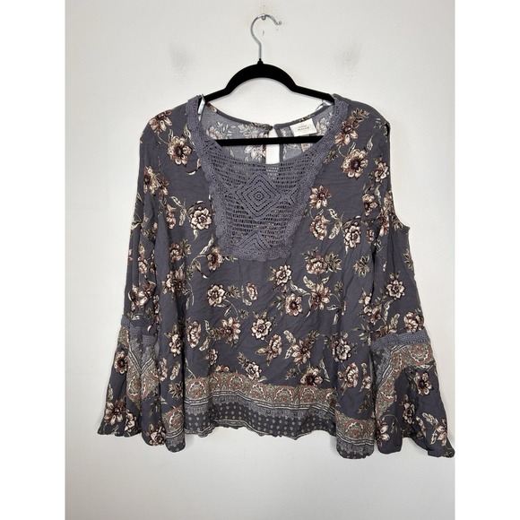 Knox Rose Women's Gray Floral Boho Peasant Long Sleeve Shirt Plus Size XXL - Picture 1 of 9